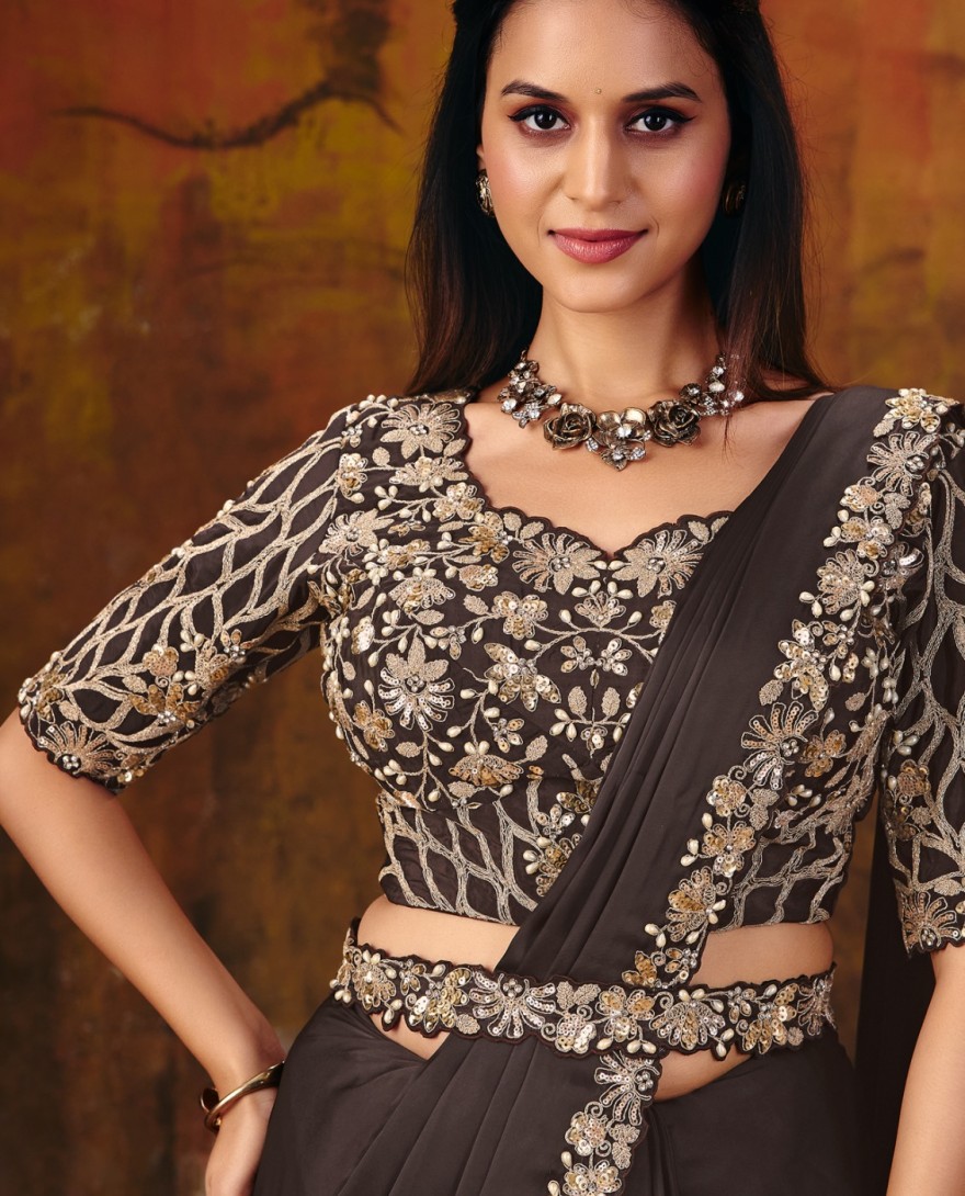 27114 - Deep Brown Embroidered Wedding Party Designer Saree